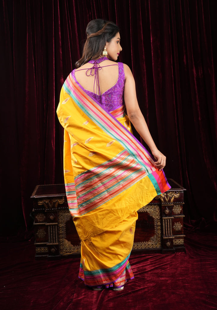 Purple Ikkat Pure Raw Silk Blouse with sheer yoke and Ikkat collar