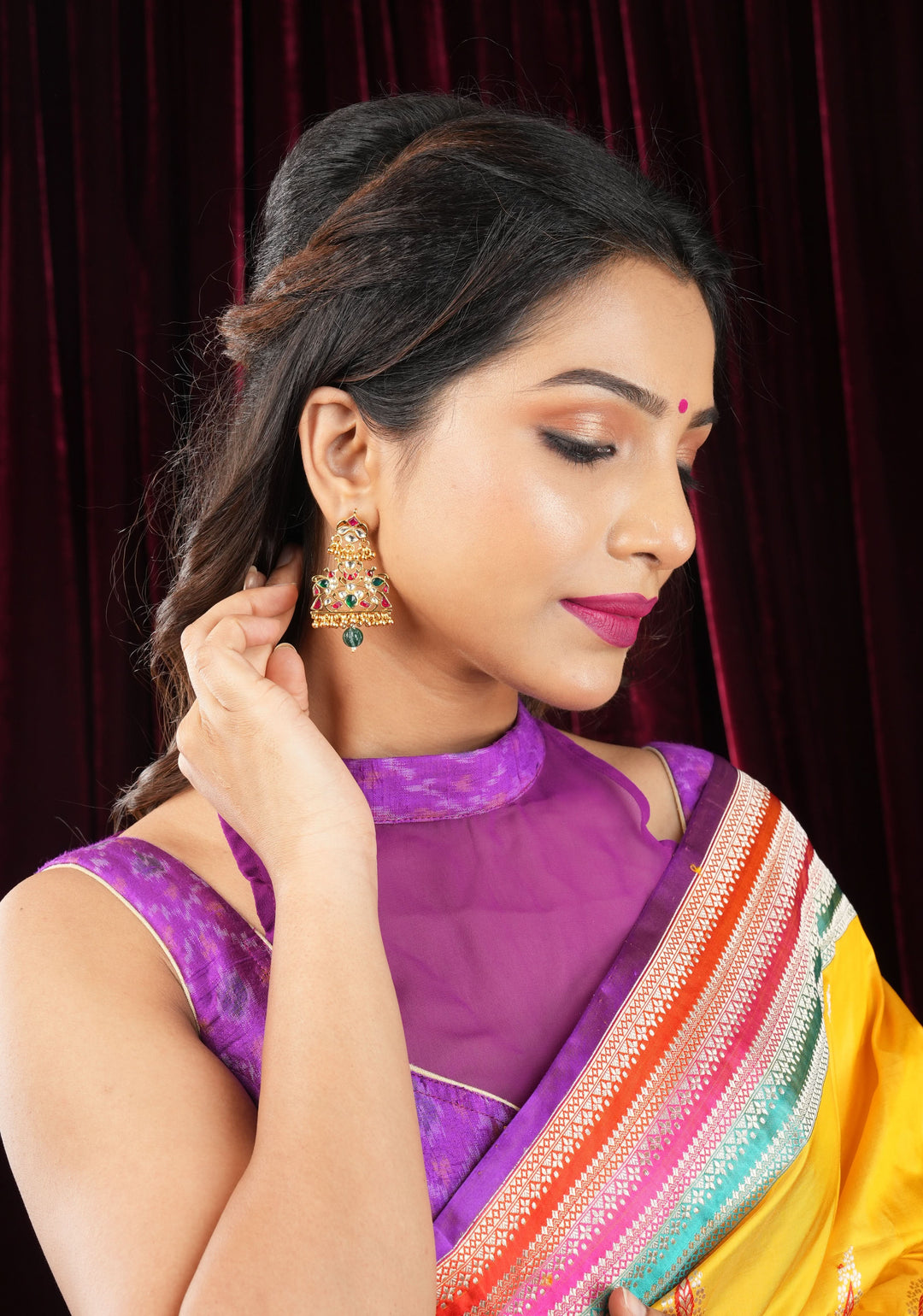 Ahmedabadi Kundan Birds design jadau Earrings with single green dangling beads | Shobitam Jewelry