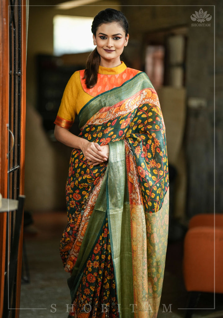 Green Linen Saree with Kalamkari Floral Print