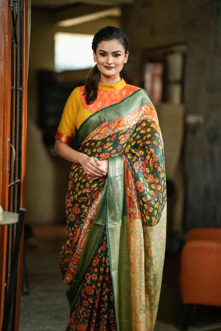 Green Linen Saree with Kalamkari Floral Print