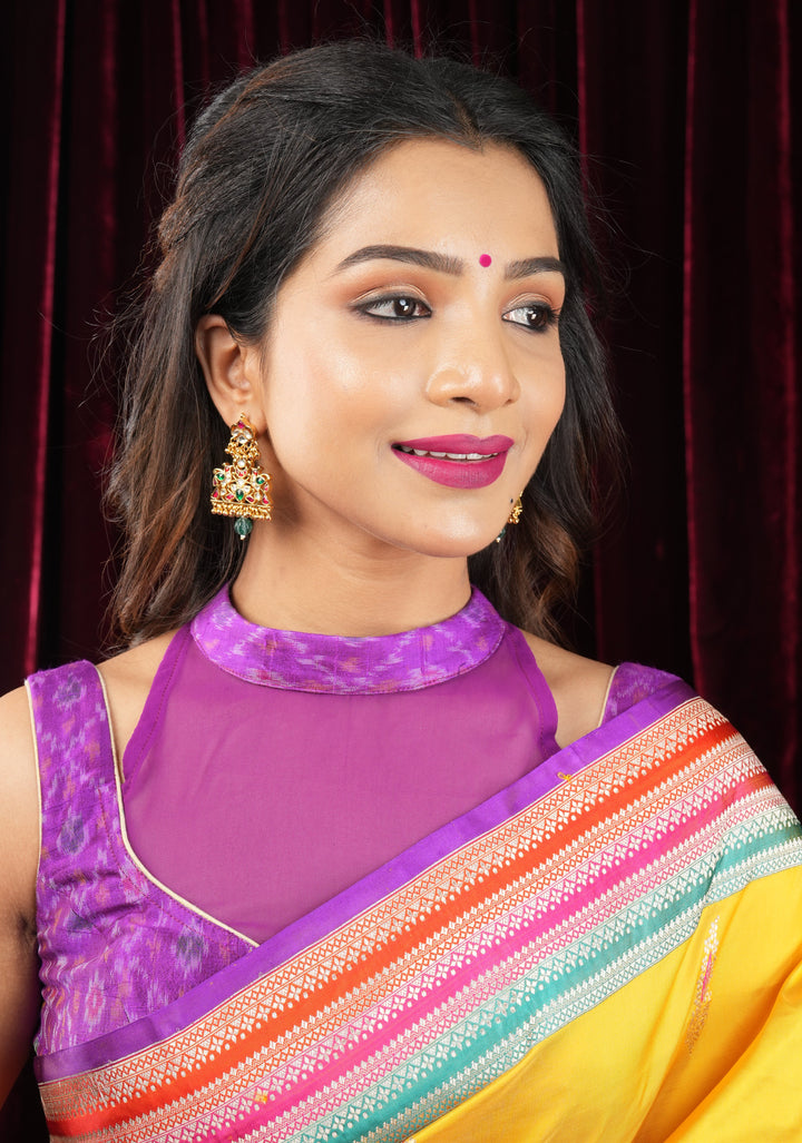 Purple Ikkat Pure Raw Silk Blouse with sheer yoke and Ikkat collar