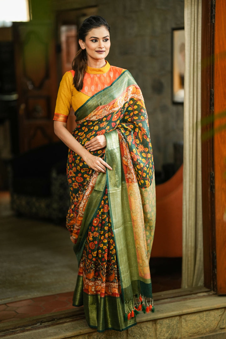 Green Linen Saree with Kalamkari Floral Print