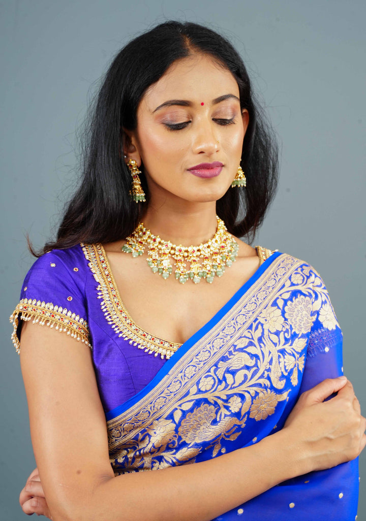 Purple Pure Raw Silk blouse with Kundan Detailing and Maggam Work, Customizable, Made to Order