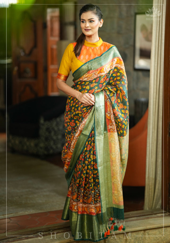 Green Linen Saree with Kalamkari Floral Print