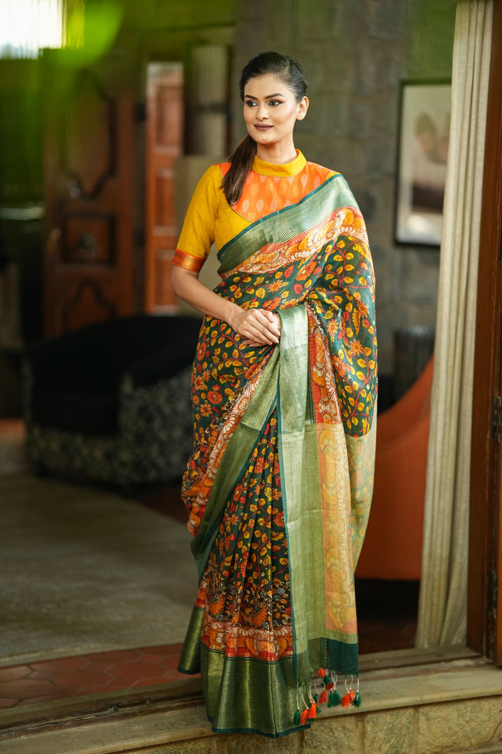 Green Linen Saree with Kalamkari Floral Print