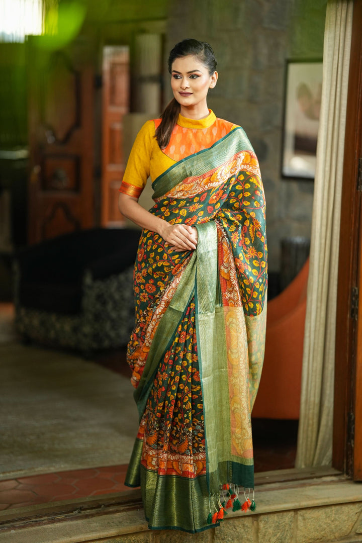 Green Linen Saree with Kalamkari Floral Print