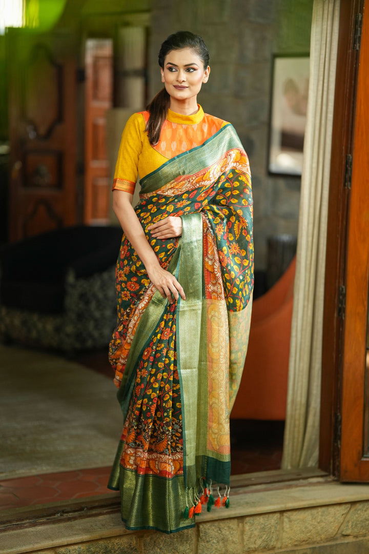 Green Linen Saree with Kalamkari Floral Print