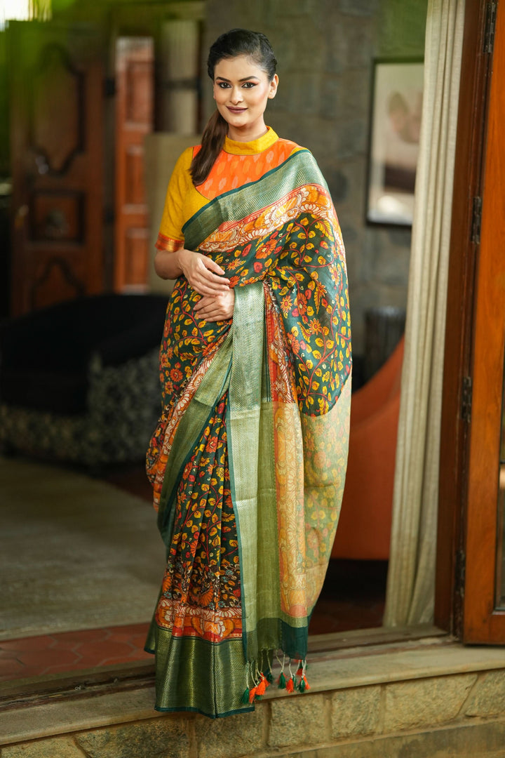 Green Linen Saree with Kalamkari Floral Print