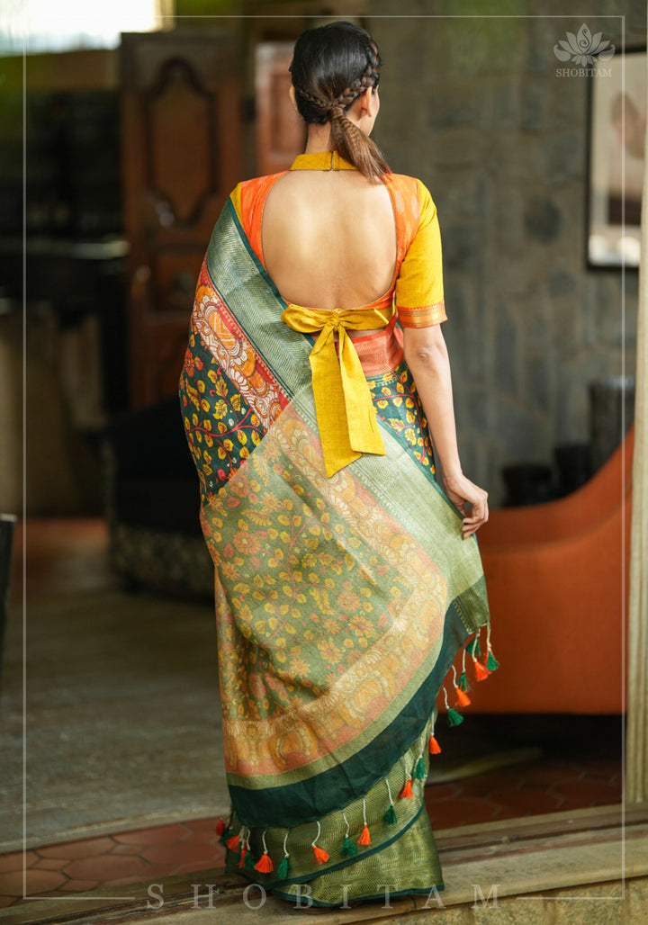 Green Linen Saree with Kalamkari Floral Print
