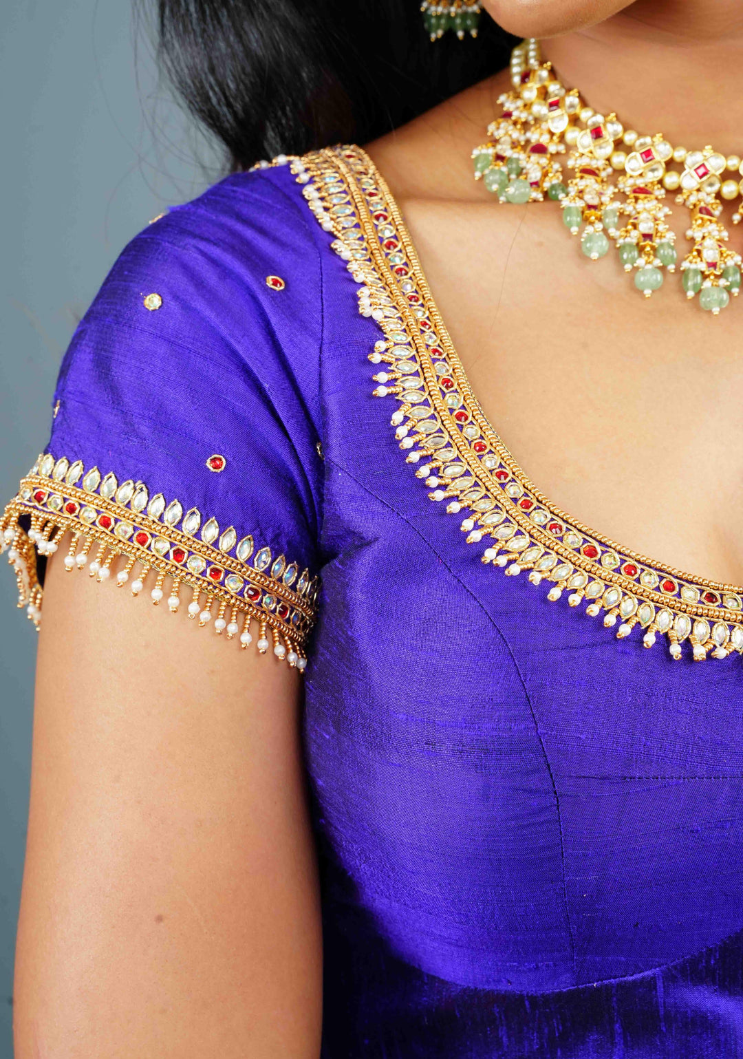 Purple Pure Raw Silk blouse with Kundan Detailing and Maggam Work, Customizable, Made to Order