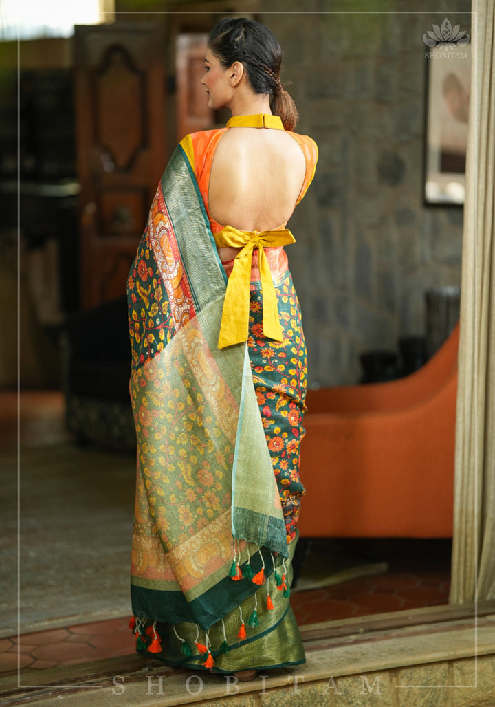 Green Linen Saree with Kalamkari Floral Print