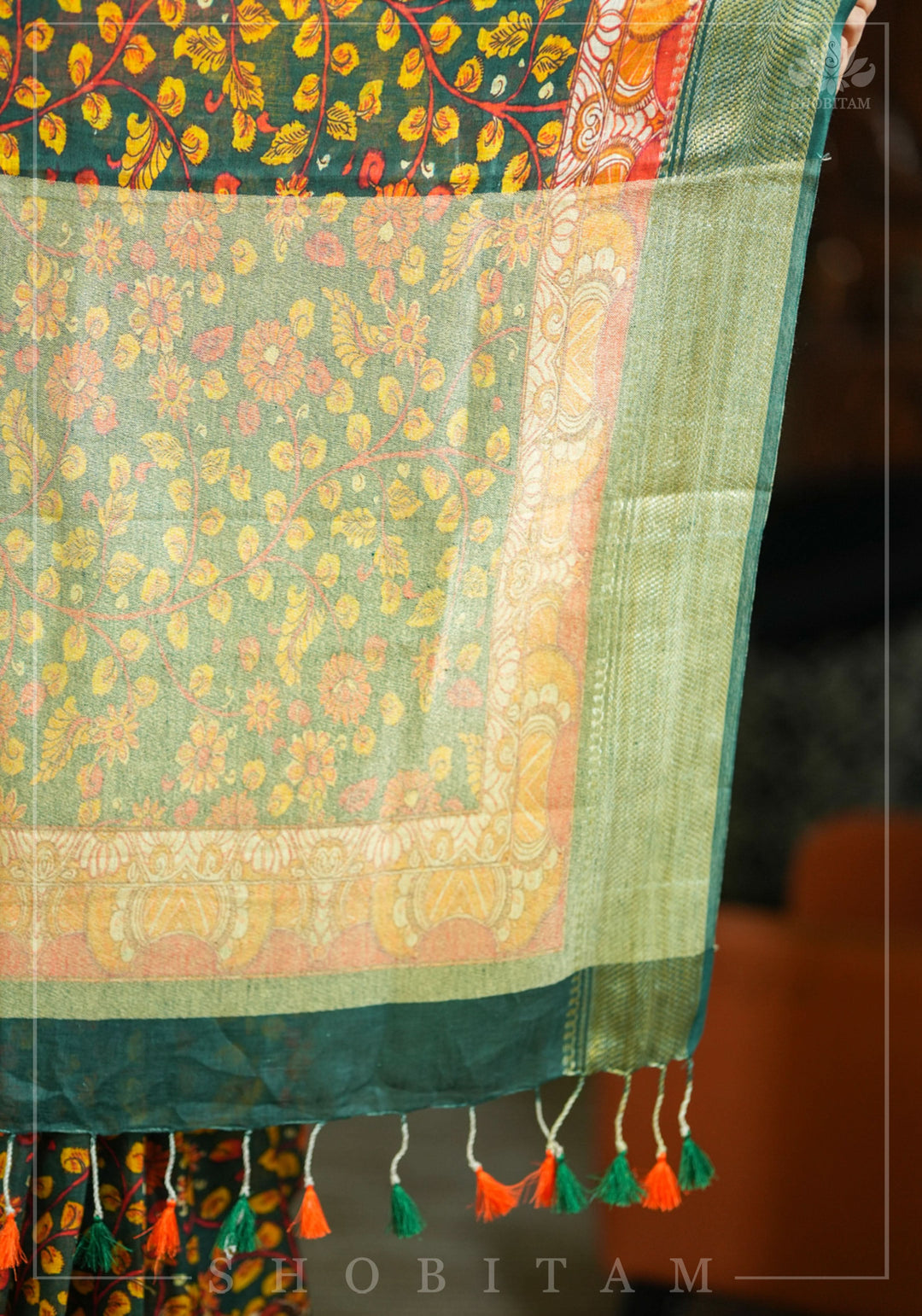 Green Linen Saree with Kalamkari Floral Print