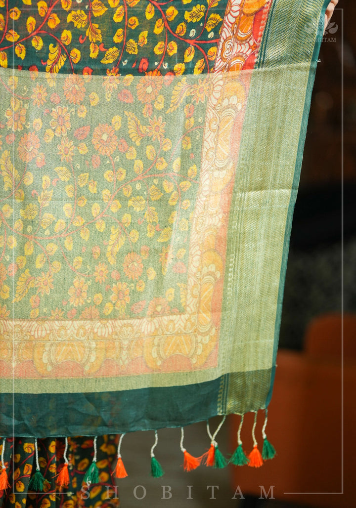 Green Linen Saree with Kalamkari Floral Print