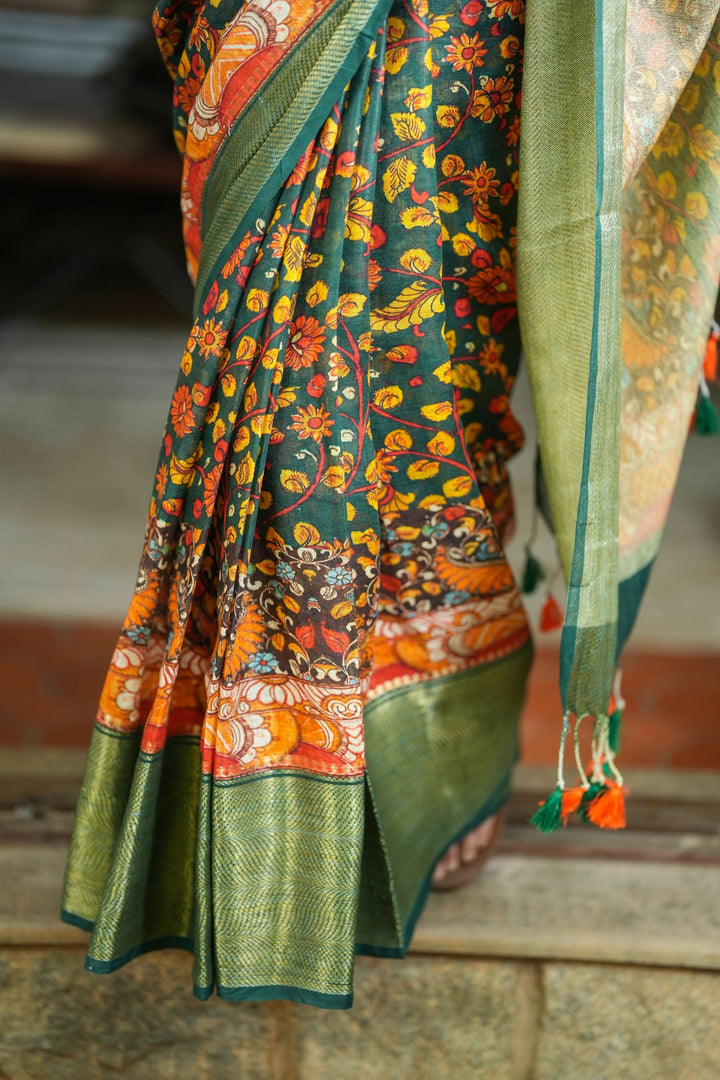 Green Linen Saree with Kalamkari Floral Print