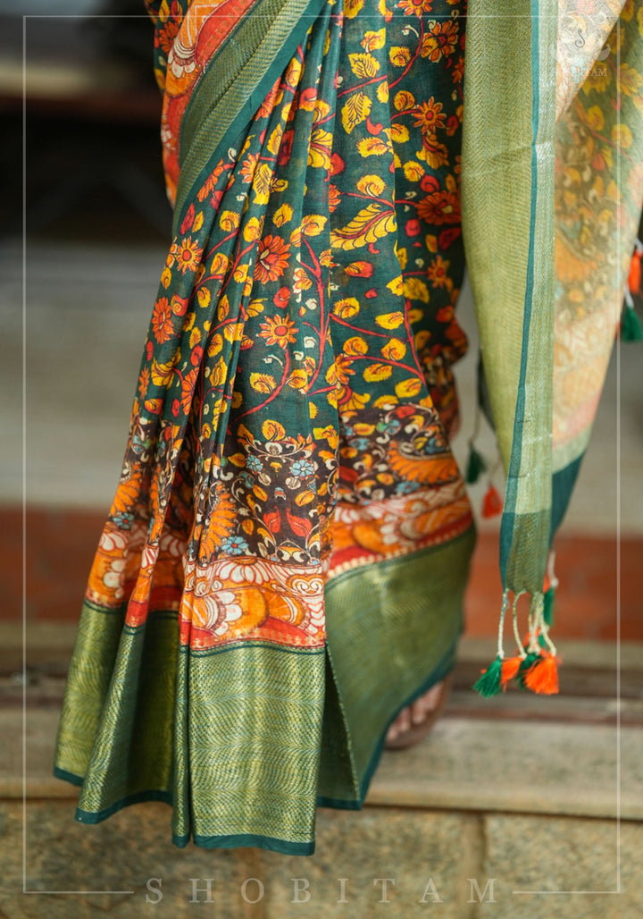 Green Linen Saree with Kalamkari Floral Print