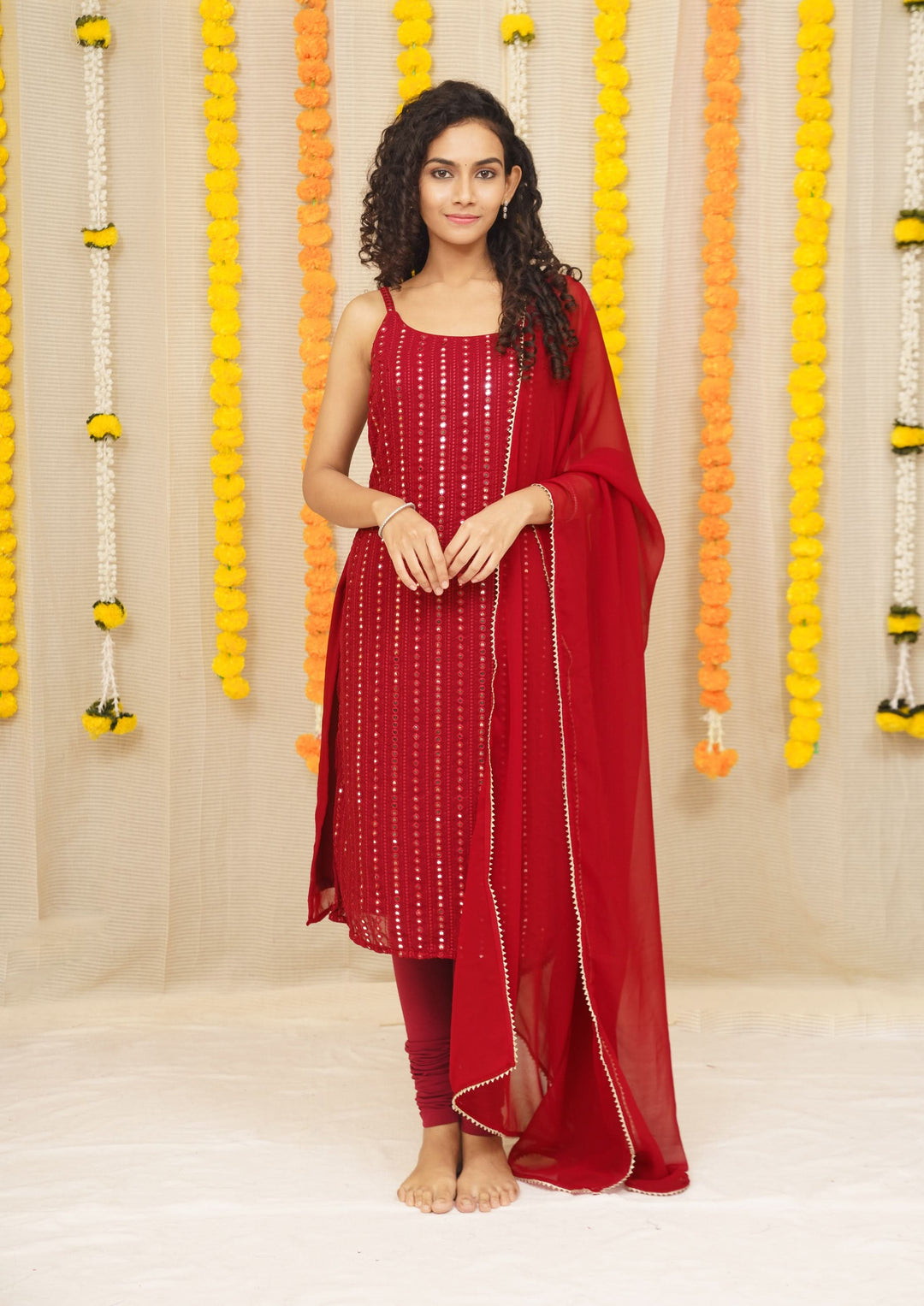 Passion Red Kurti and Dupatta 2 piece set, Sleeve Option available, made to order