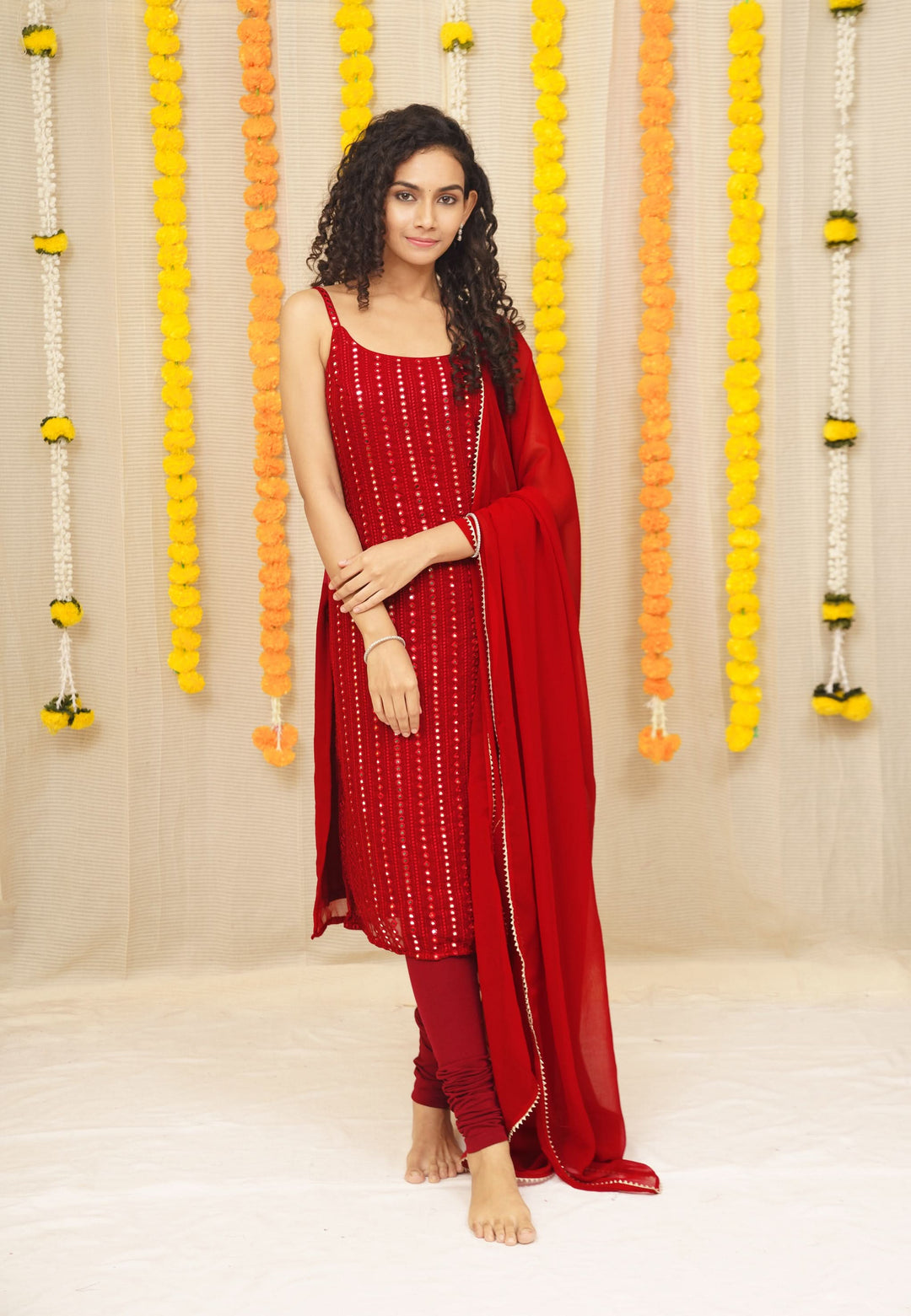 Passion Red Kurti and Dupatta 2 piece set, Sleeve Option available, made to order