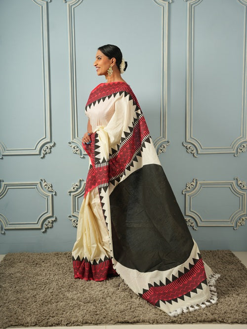 Full Moon- Off White Hand Block Cotton Saree | SHOBITAM