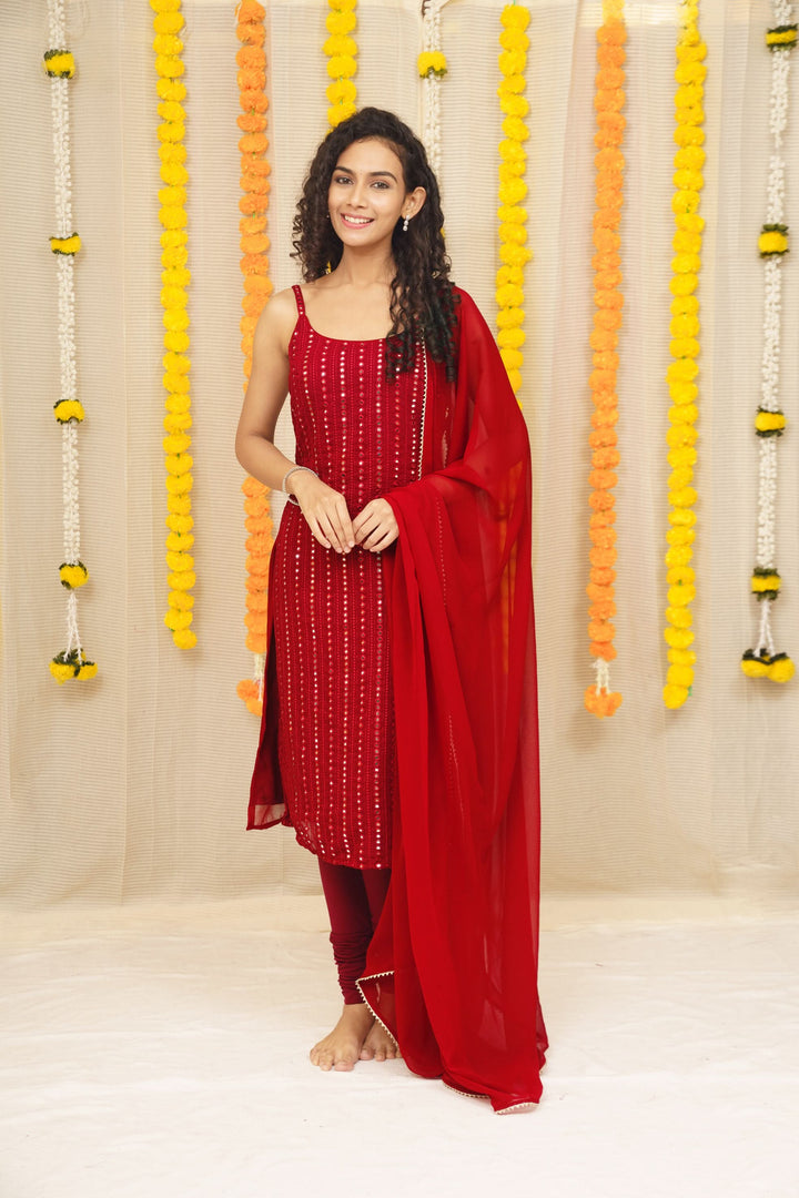 Passion Red Kurti and Dupatta 2 piece set, Sleeve Option available, made to order