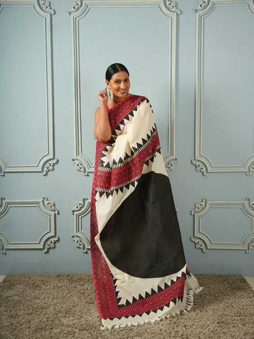 Full Moon- Off White Hand Block Cotton Saree | SHOBITAM
