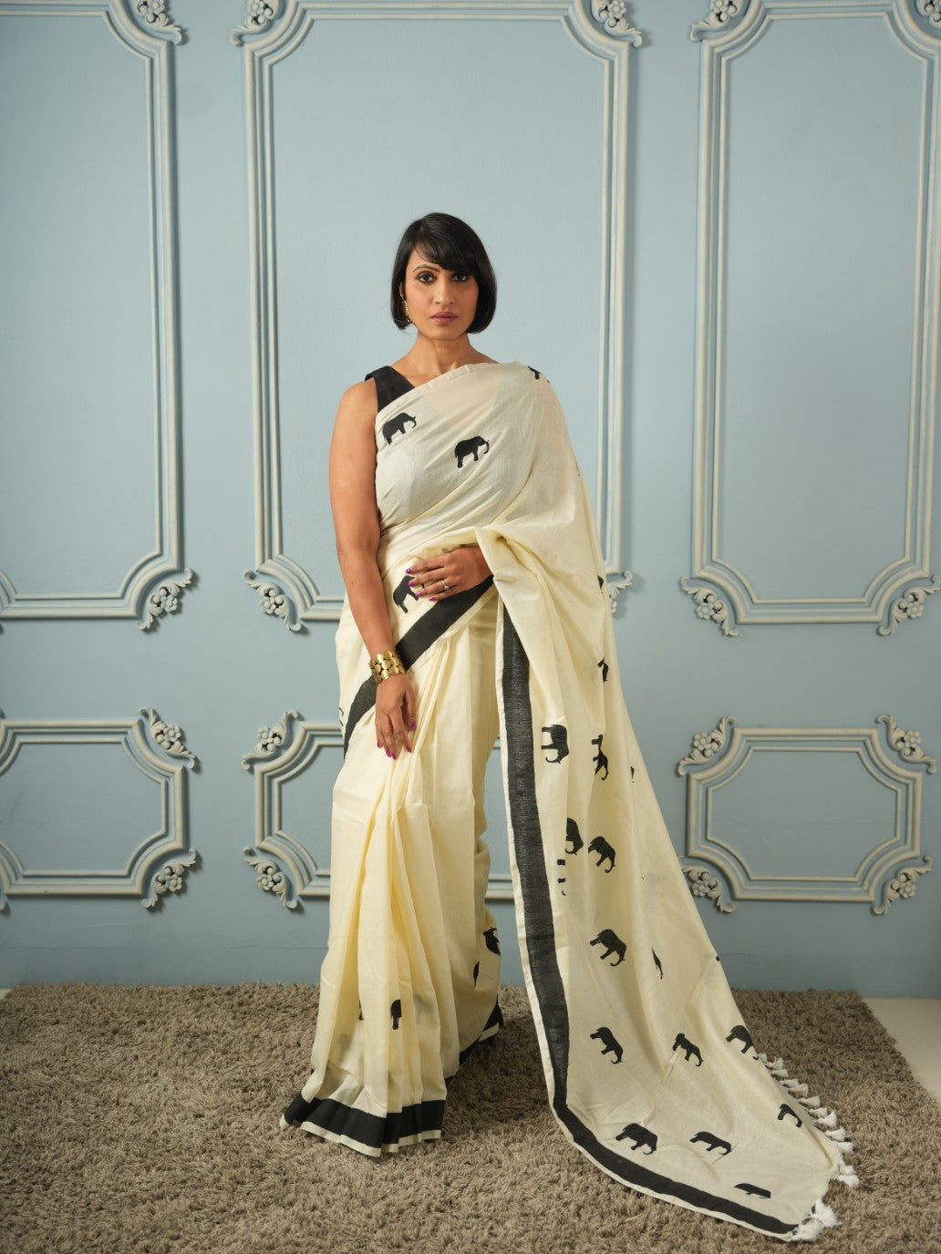 GajaGamini- Off White HandBlock Cotton Saree | SHOBITAM