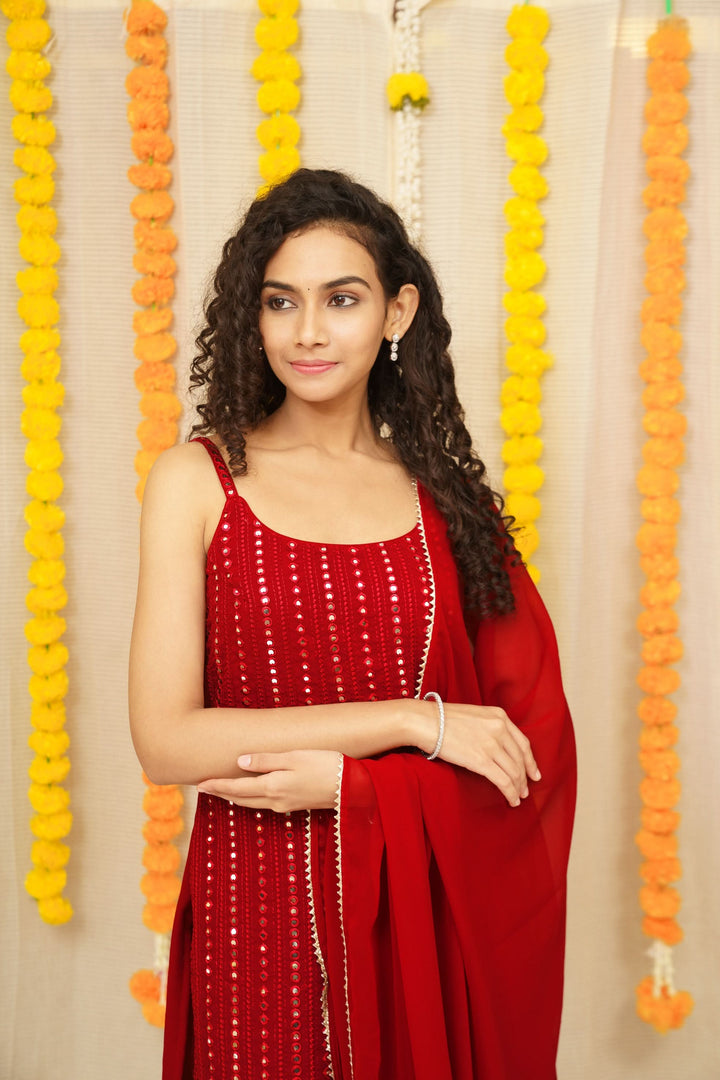 Passion Red Kurti and Dupatta 2 piece set, Sleeve Option available, made to order