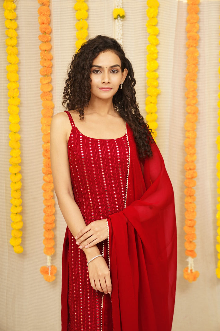 Passion Red Kurti and Dupatta 2 piece set, Sleeve Option available, made to order