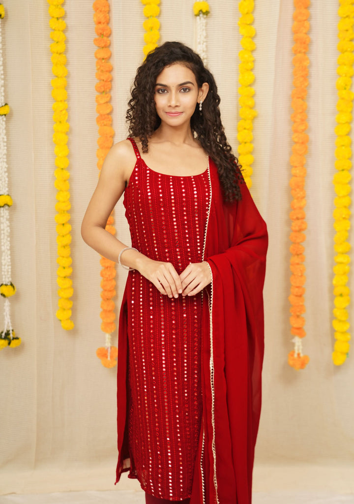 Passion Red Kurti and Dupatta 2 piece set, Sleeve Option available, made to order