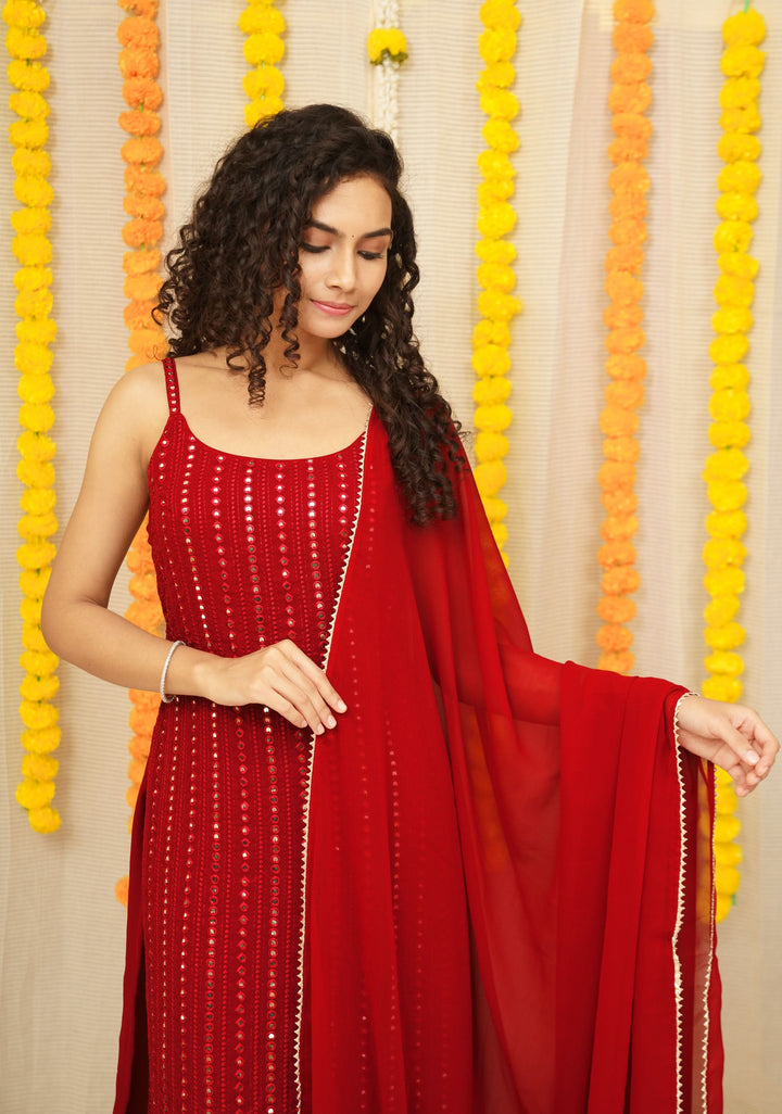 Passion Red Kurti and Dupatta 2 piece set, Sleeve Option available, made to order