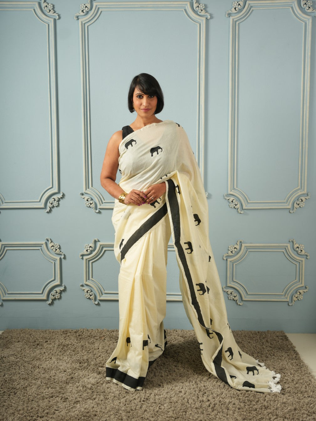 GajaGamini- Off White HandBlock Cotton Saree | SHOBITAM