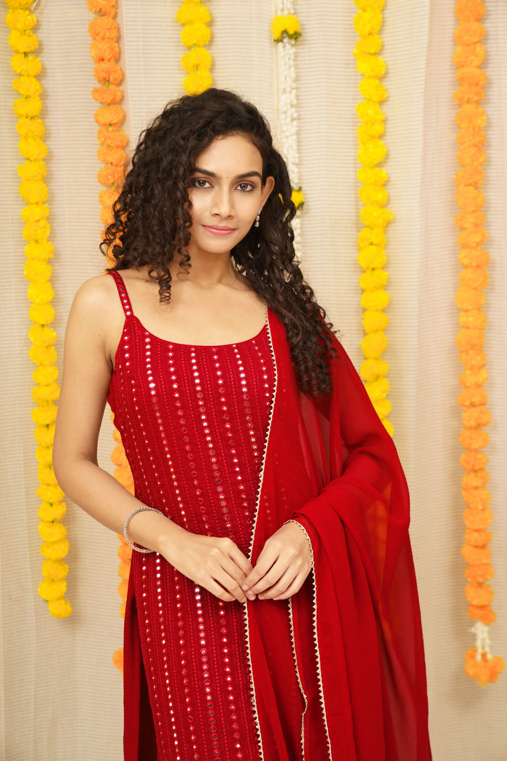 Passion Red Kurti and Dupatta 2 piece set, Sleeve Option available, made to order