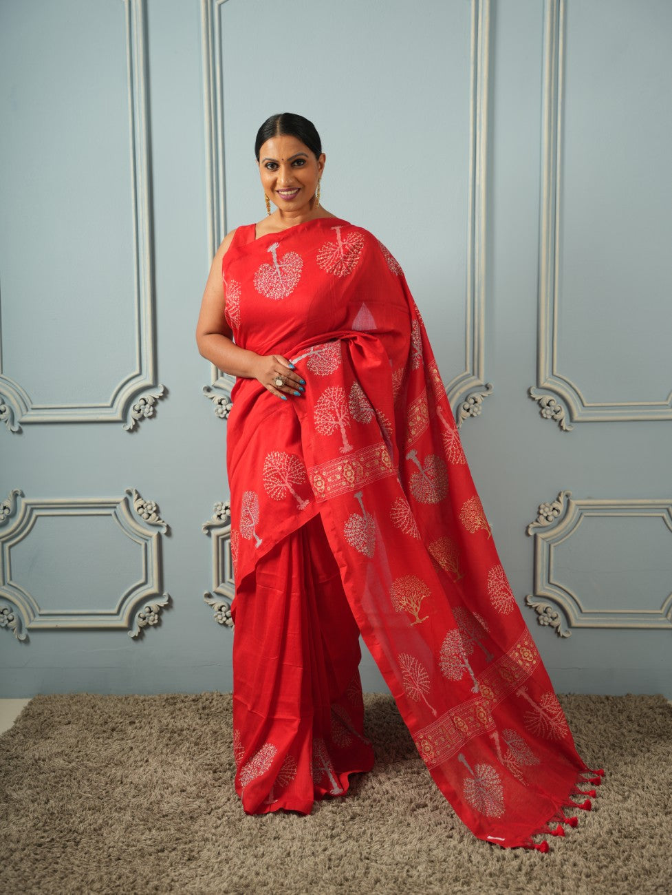 Red Tree of Life-Handblock Cotton Saree | SHOBITAM