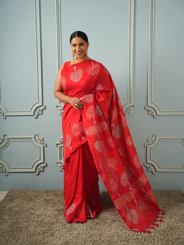 Red Tree of Life-Handblock Cotton Saree | SHOBITAM