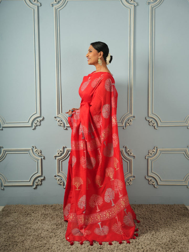 Red Tree of Life-Handblock Cotton Saree | SHOBITAM