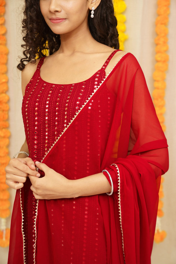 Passion Red Kurti and Dupatta 2 piece set, Sleeve Option available, made to order