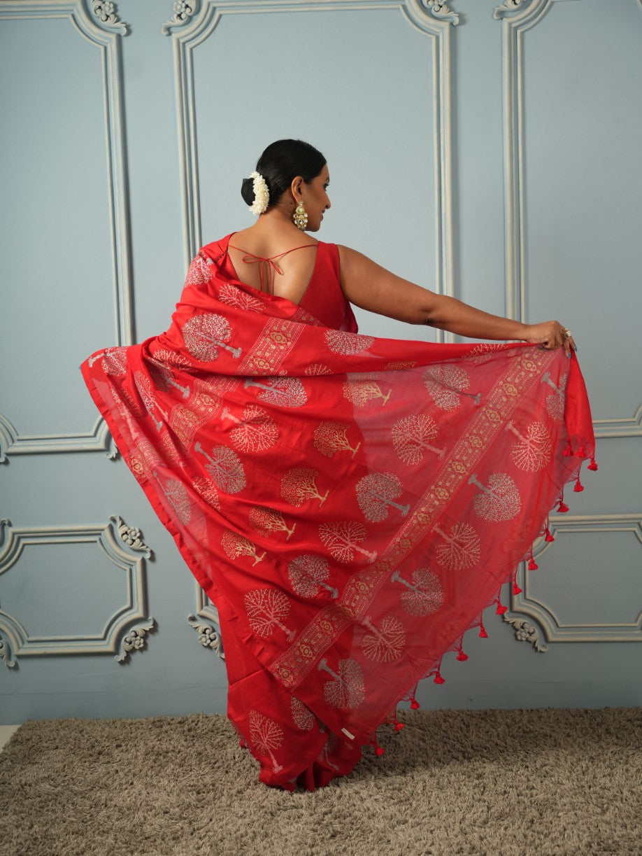 Red Tree of Life-Handblock Cotton Saree | SHOBITAM