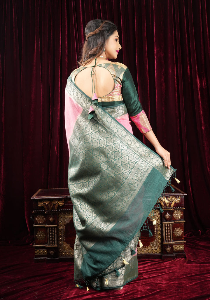 Banarasi brocade and Bottle Green pure Raw silk blouse with 3/4 sleeves
