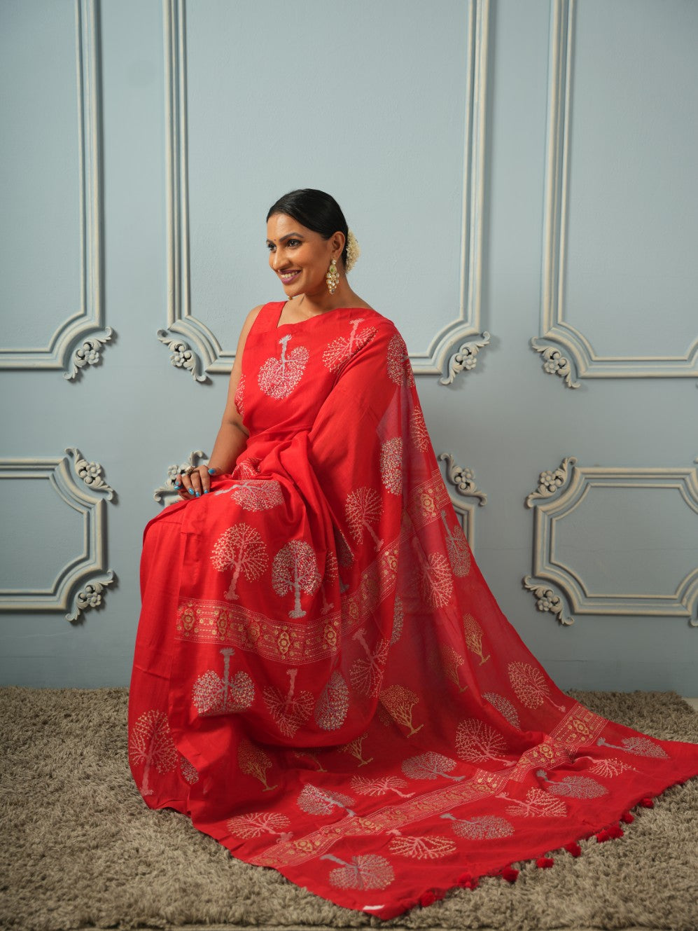 Red Tree of Life-Handblock Cotton Saree | SHOBITAM