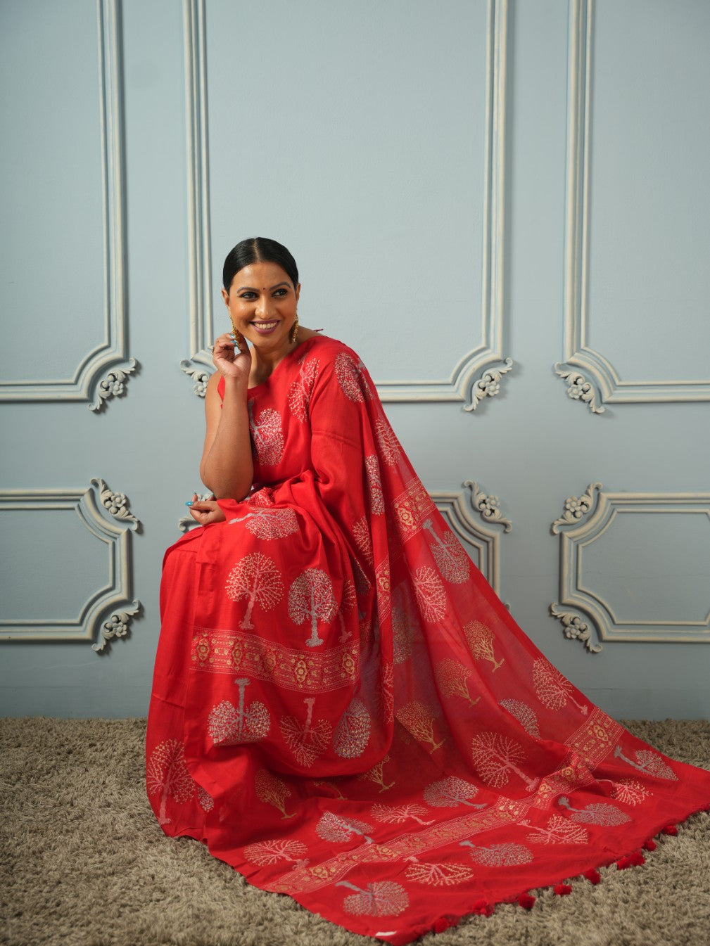 Red Tree of Life-Handblock Cotton Saree | SHOBITAM
