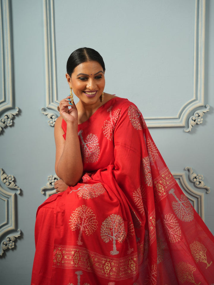 Red Tree of Life-Handblock Cotton Saree | SHOBITAM