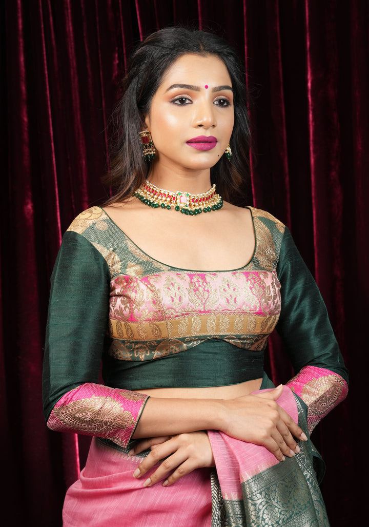 Banarasi brocade and Bottle Green pure Raw silk blouse with 3/4 sleeves