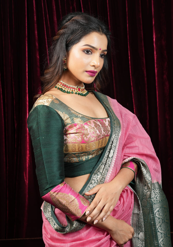 Banarasi brocade and Bottle Green pure Raw silk blouse with 3/4 sleeves
