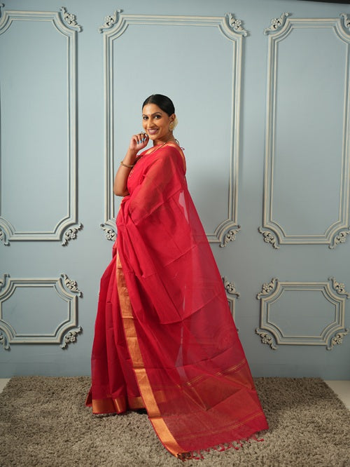 Sindhura - Red Mangalgiri Handloom Cotton Saree |  SHOBITAM