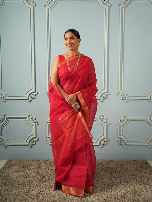 Sindhura - Red Mangalgiri Handloom Cotton Saree |  SHOBITAM