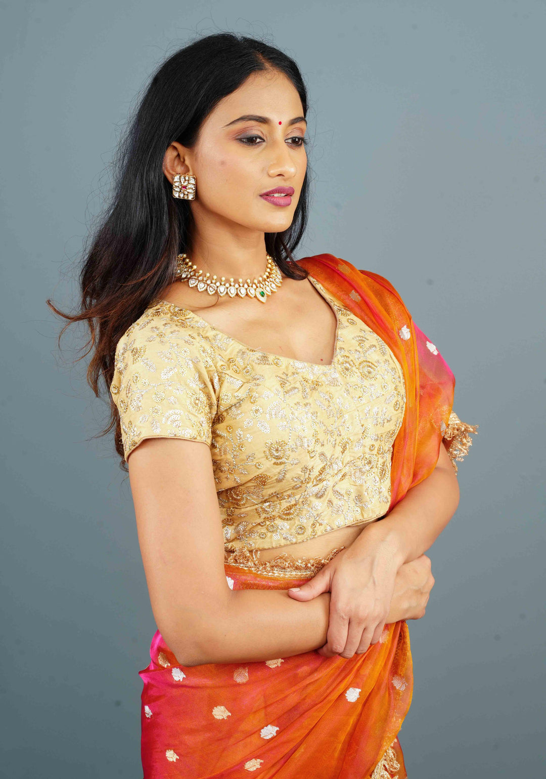 Beige Raw Silk Blouse with Sequins Embroidered Jaal Yoke and arch dome cutout, Customizable, Made to Order