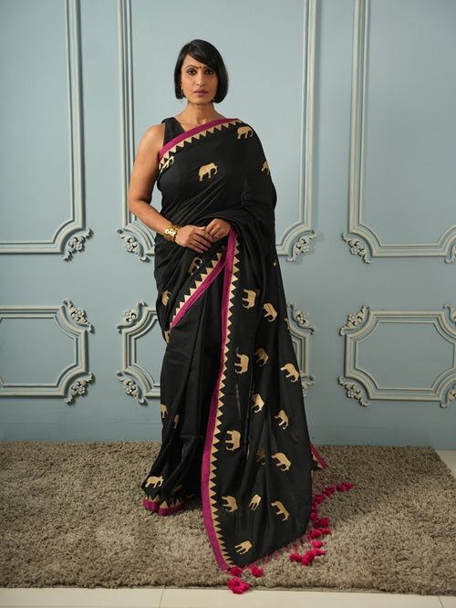 GajaGamini-Designer Gold Hand Block Elephant Print Cotton Saree | SHOBITAM