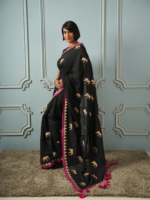 GajaGamini-Designer Gold Hand Block Elephant Print Cotton Saree | SHOBITAM