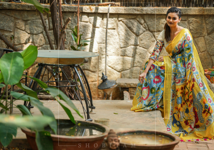Blue Kalamkari Linen Saree with Digital Print | Shobitam Saree