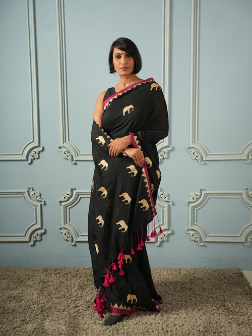 GajaGamini-Designer Gold Hand Block Elephant Print Cotton Saree | SHOBITAM