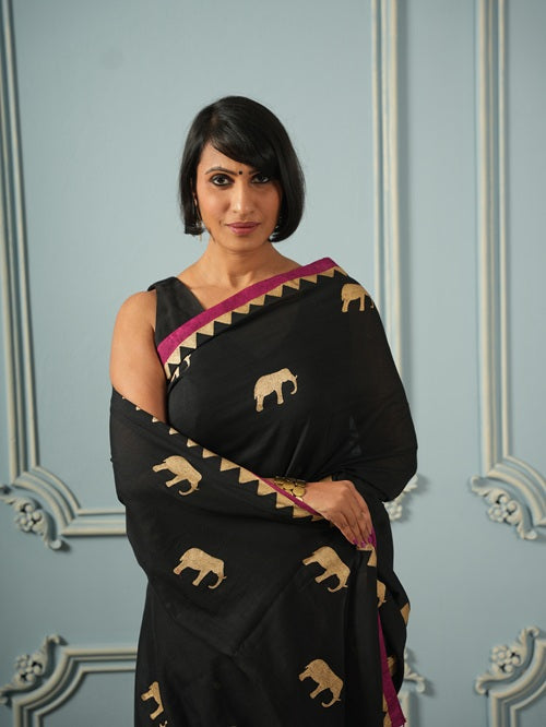GajaGamini-Designer Gold Hand Block Elephant Print Cotton Saree | SHOBITAM